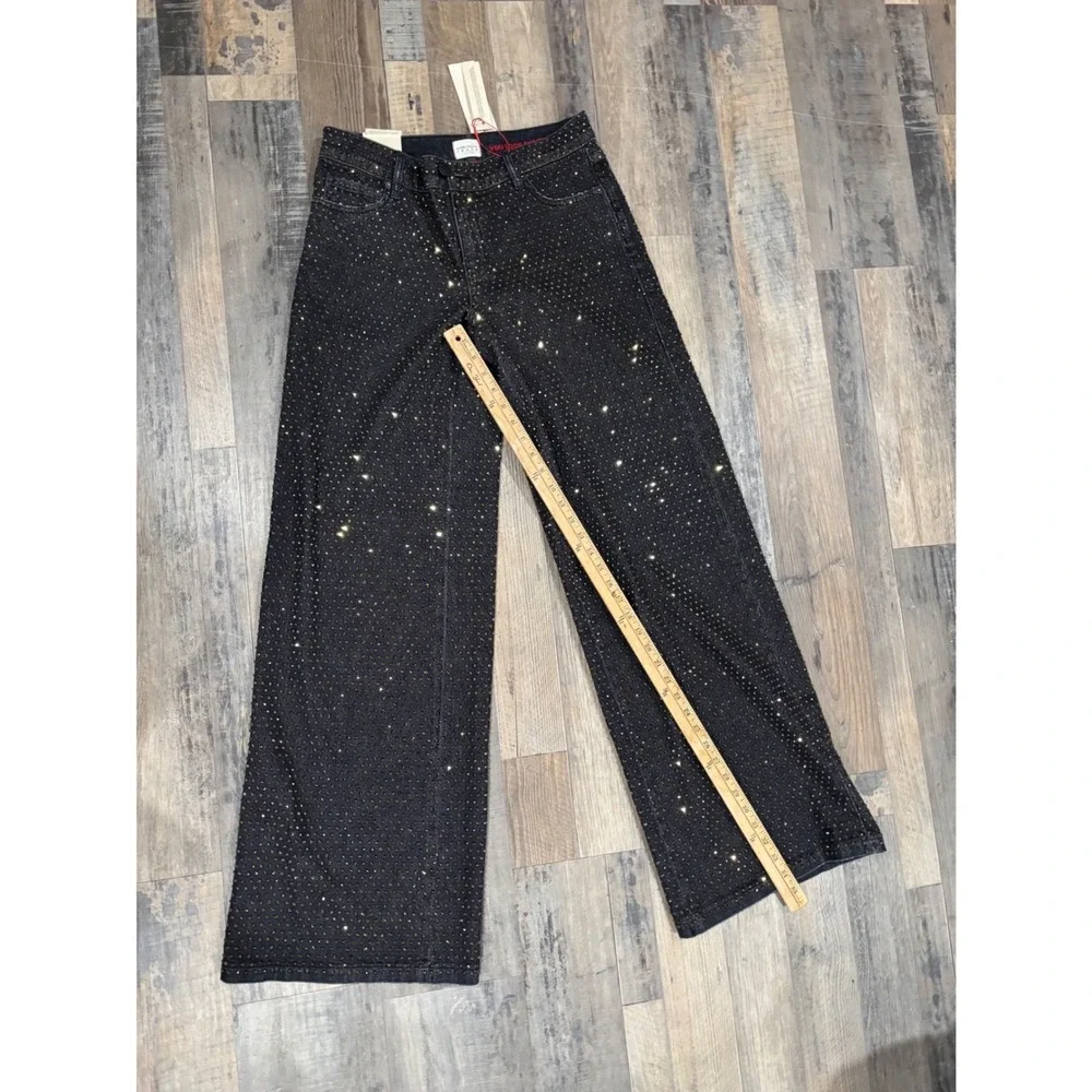 Alice and Olivia Black Gold Rhinestone Embellished Wide Leg Jeans High Rise | 28 - Picture 4 of 10